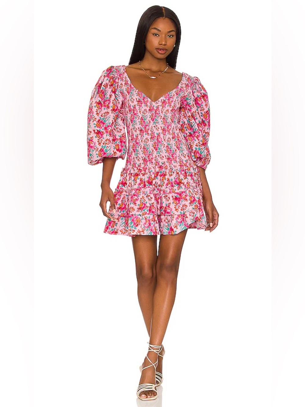 NWOT Love The Label Women's Pink Floral Audrey Smocked Mini Dress size S